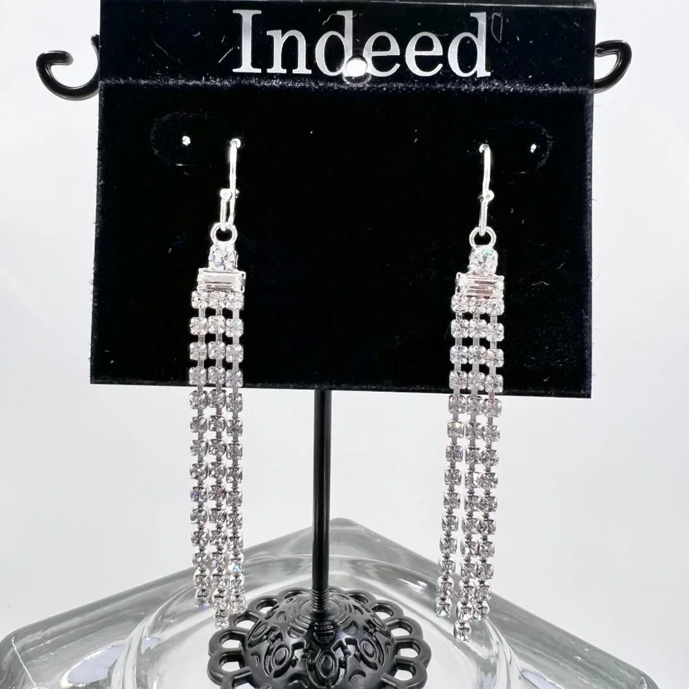 NWT - Indeed - Clear Rhinestone 3 Strand Dangle Silver Tone Fishhook Earrings - Picture 9 of 9